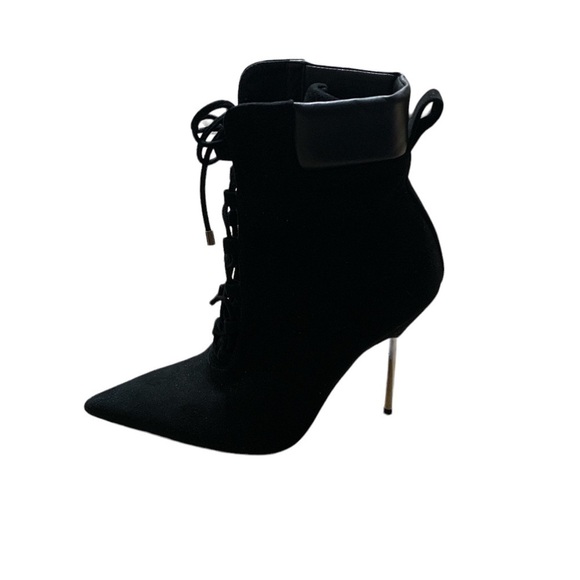 Good American Black Lace Up Pointed Toe Stiletto Ankle Boots Gold Heel Size 7 - Picture 8 of 9